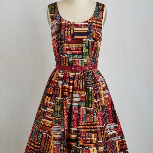 Modcloth Dresses & Skirts - ModCloth Multicolor Book print retro flare  Dress librarian teacher frizzle